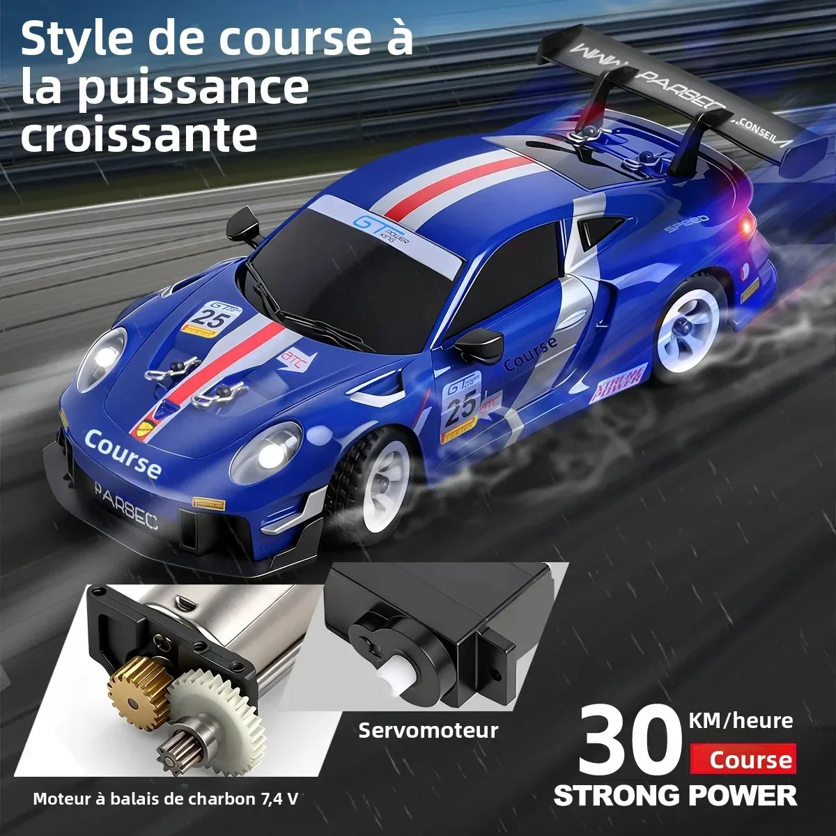 Course nocturne de la WLtoys 284191 1:28 4WD Gyroscope Voiture RC 30km/h LED avec phares LED allumés.
