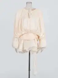 Elegant V-Neck Long Sleeve Lace-Up Mini Dress - Sweet Style Women's Fashion - M (APRICOT)