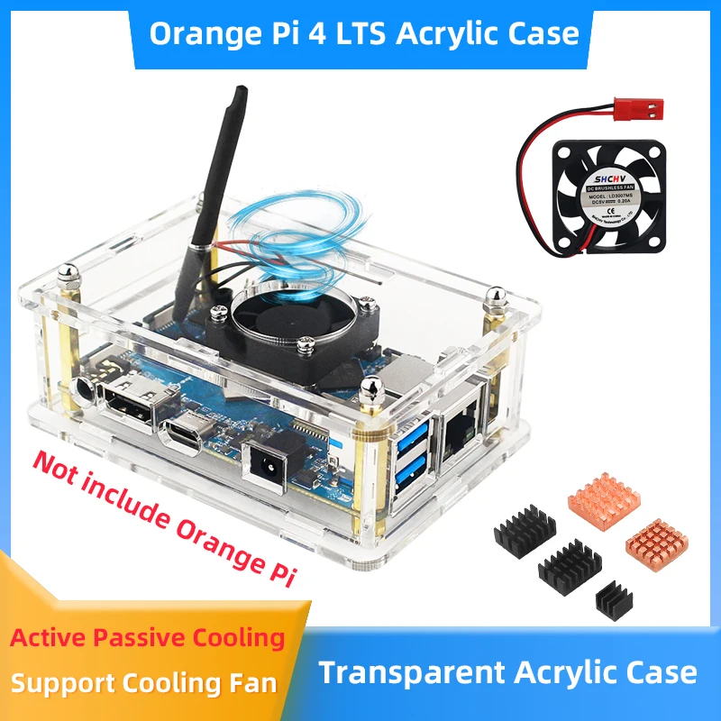

Orange Pi 4 LTS Acrylic Case Transparent Shell Optional Cooling Fan Heatsink DC 4.0 Power Supply MicroSD Card for OPI 4 LST