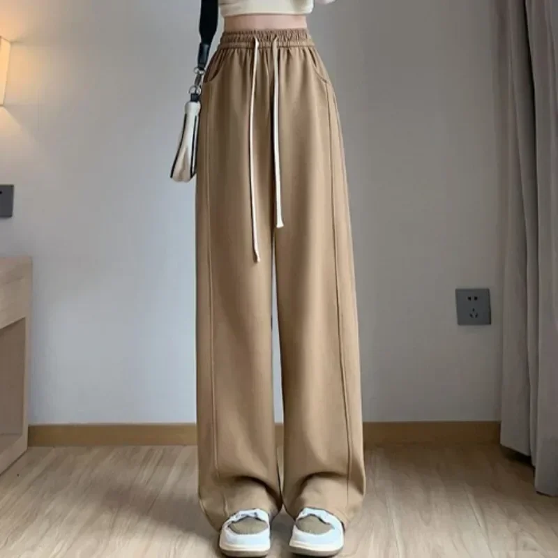 Women Autumn Loose Grey Sport Pant Large Size High Waist Straight Casual Wide Leg Sweatpants Drawstring Running Dance Trousers