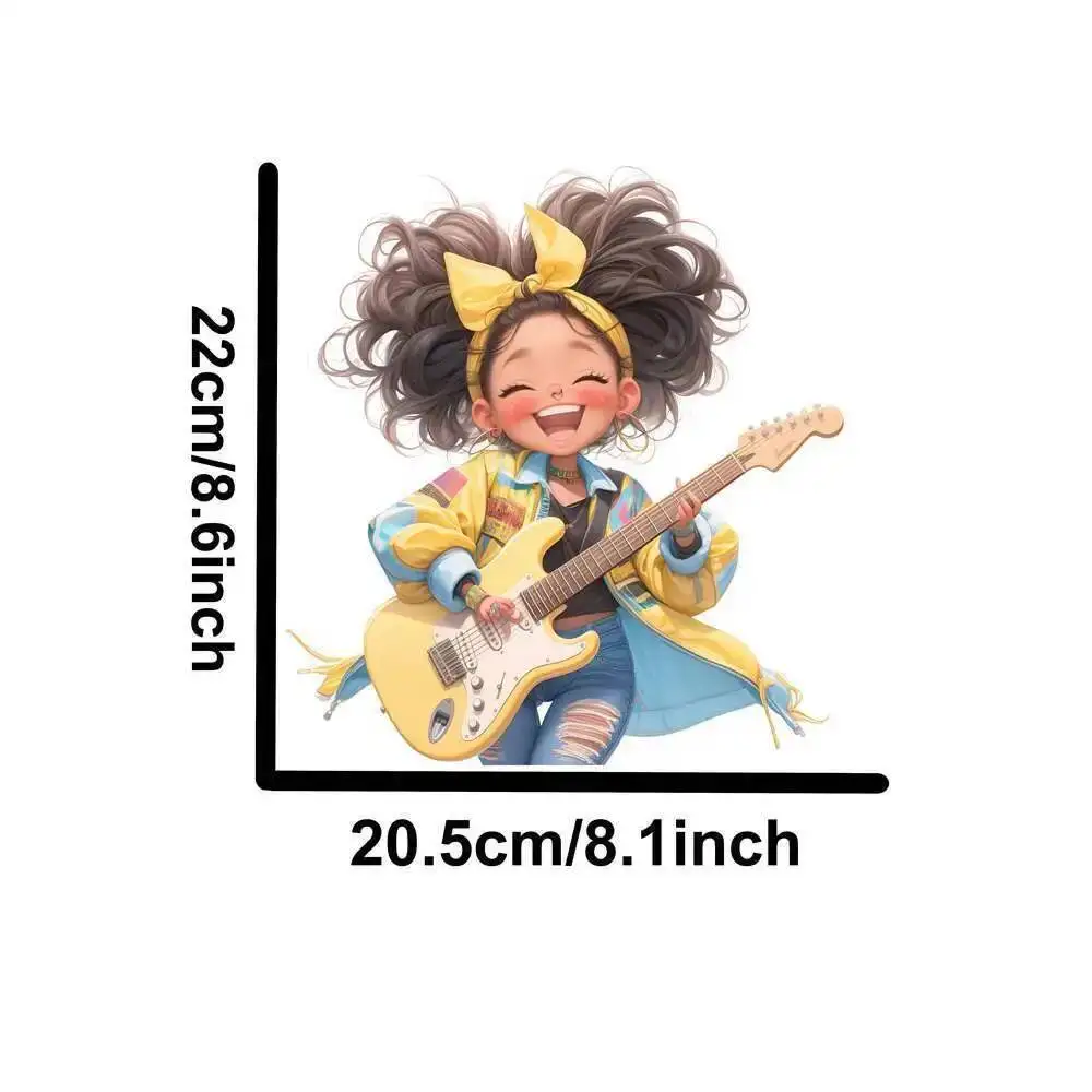 Yellow Guitar Music Girl Heat Transfer Patch - Washable Iron-On Sticker for DIY Clothing & T-Shirts