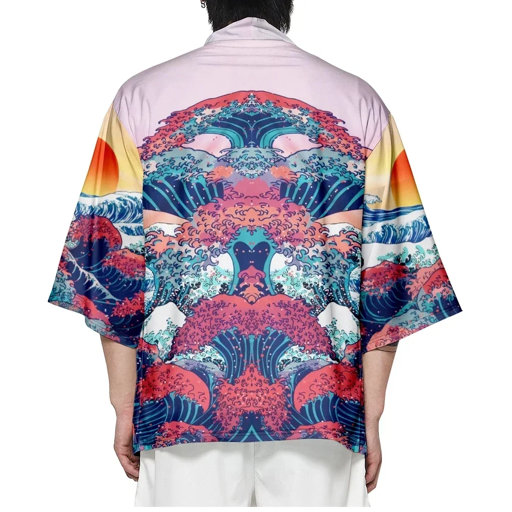 Japanese traditional wave print kimono Creative design haori shirts Street men and women cardigan beach yukata plus size