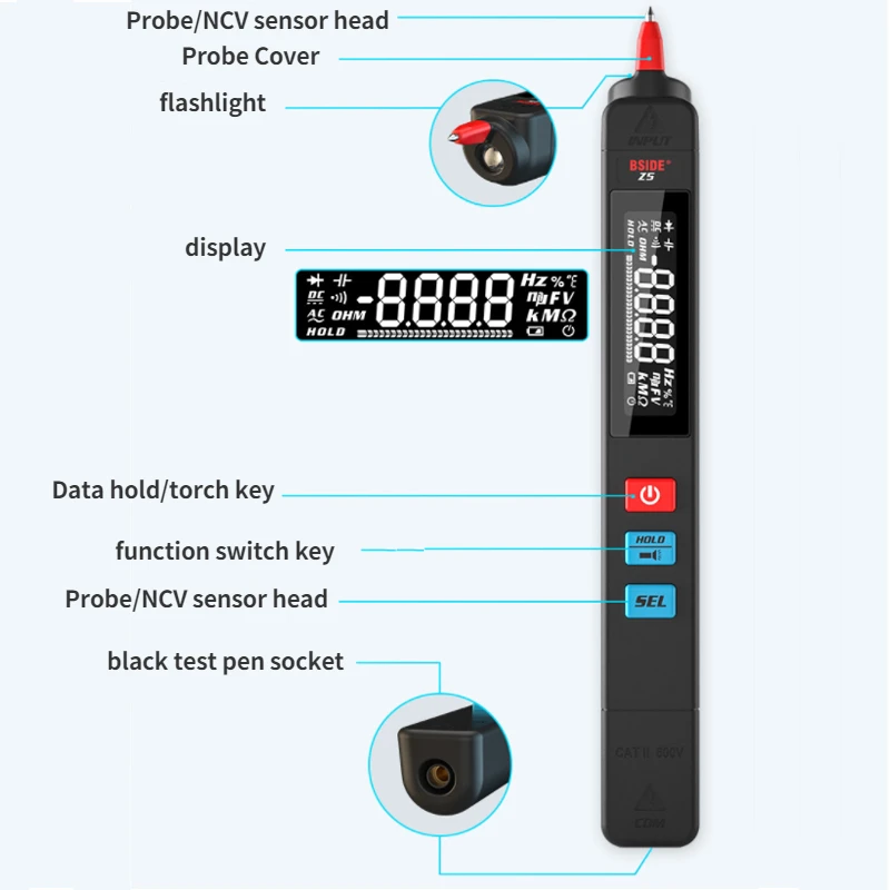 BSIDE Z1 Z5 Multimeter Digital Tester Smart Pen Type Voltage Detector DC AC Capacitance Ohm NCV Hz Diode Continuity Meter