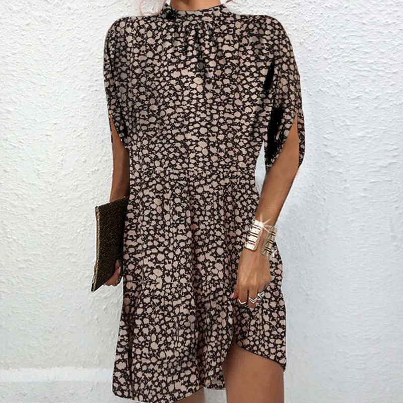 

Chic Split Short Sleeve Printed Vintage Dress Fashion Women Pleated Loose Party Dress Commute Turtleneck Fitted Office Dresses