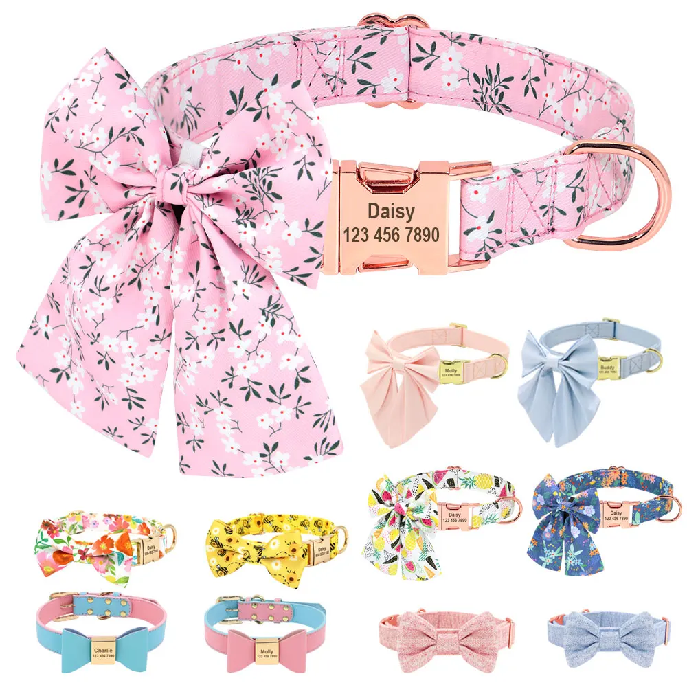 

Personalized Nylon Bowknot Dog Collar Custom Printed Chihuahua French Bullodog Collars Adjutable Nameplate For Small Medium Dogs
