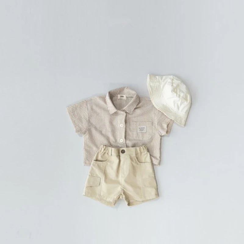 Summer Newborn Infant Baby Girls Boys Casual Suit Striped Pocket Shirt Cargo Shorts Kids Fashion Baby Clothing
