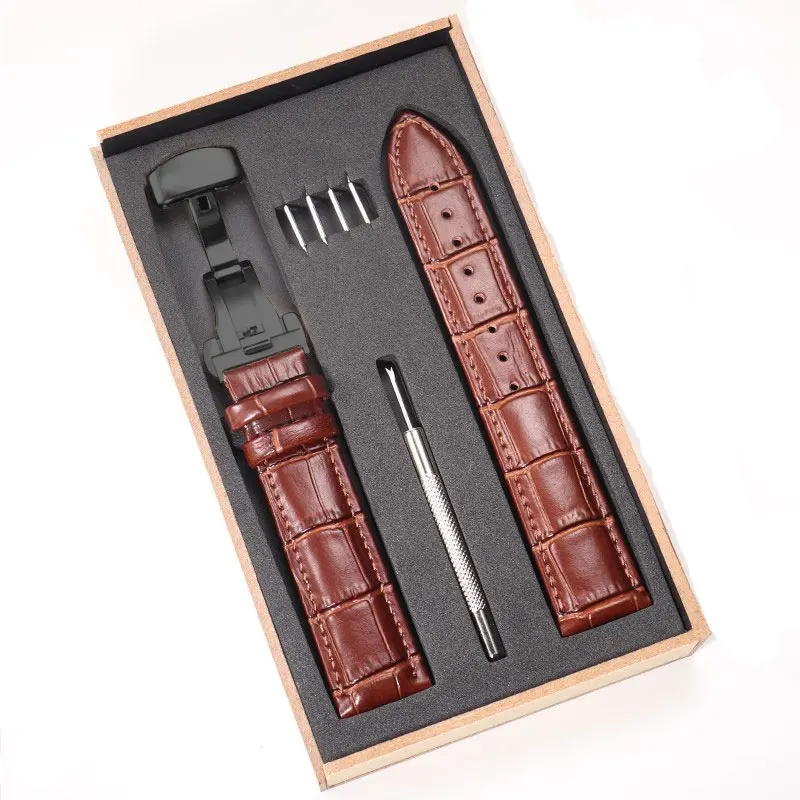 Elegant Genuine Leather Watch Strap with Wooden Box and Butterfly Clasp