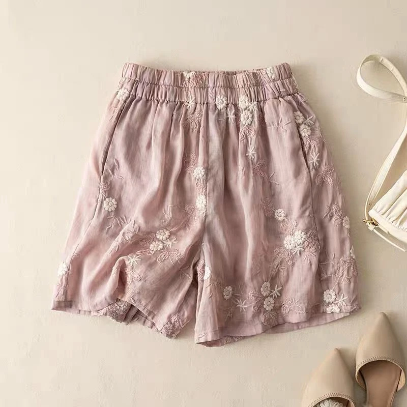 2024 Summer Women Vintage Ethnic Style Embroidery Cotton Linen Beach Shorts Female Casual High Waist Pockets Loose Short Pants