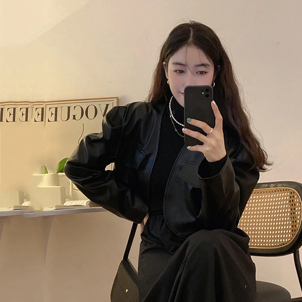 여성용 블랙 가죽 재킷, 크롭 코트, PU 가죽 재킷, 여성 의류, 캐주얼 하이 웨이스트 용수철 탑, 2023 가을 패션