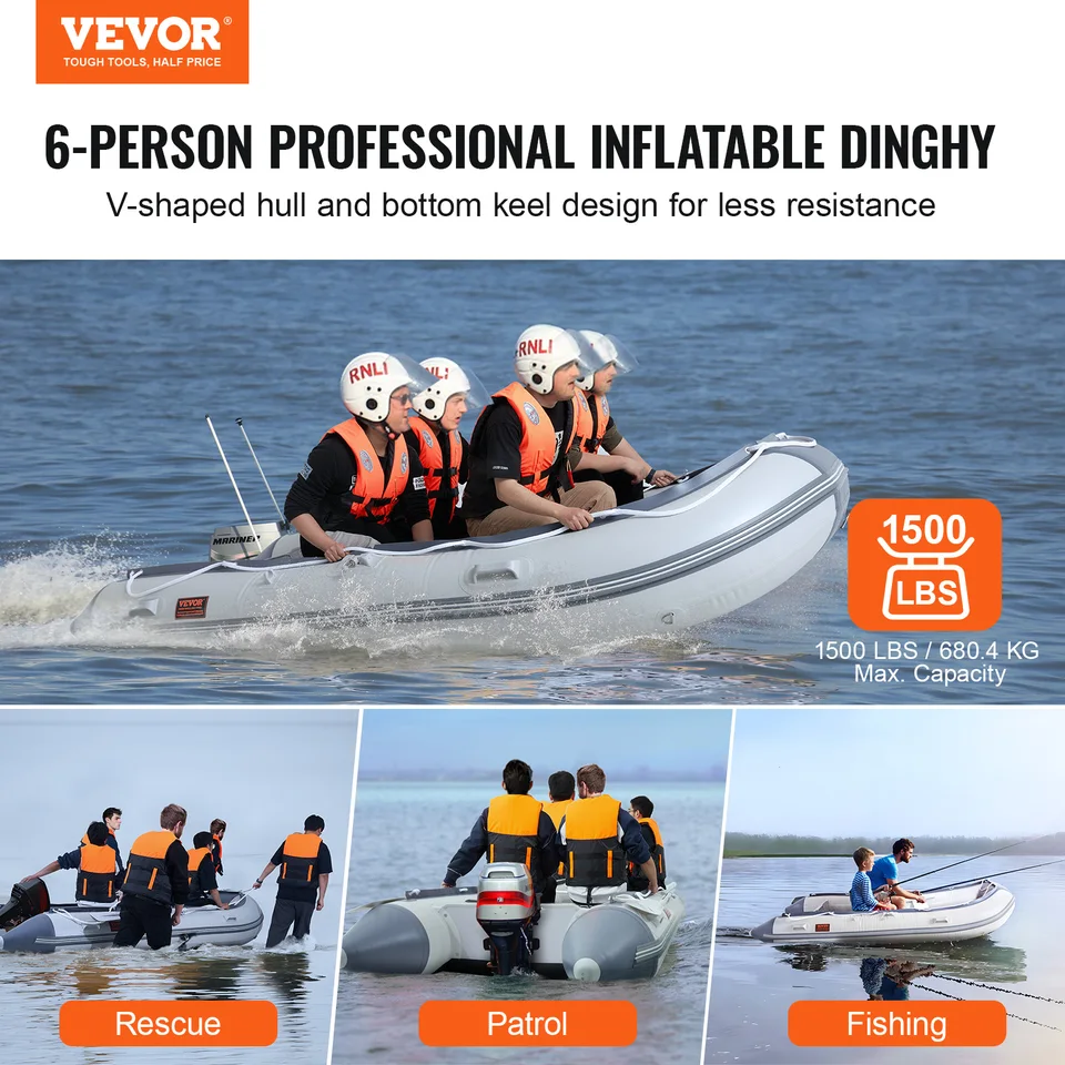 VEVOR Inflatable Boat, 3-Person Inflatable Fishing Boat, Strong PVC Portable Boat Raft Kayak 45 6 Aluminum Oars High Output Pump Fishing Rod Holders An