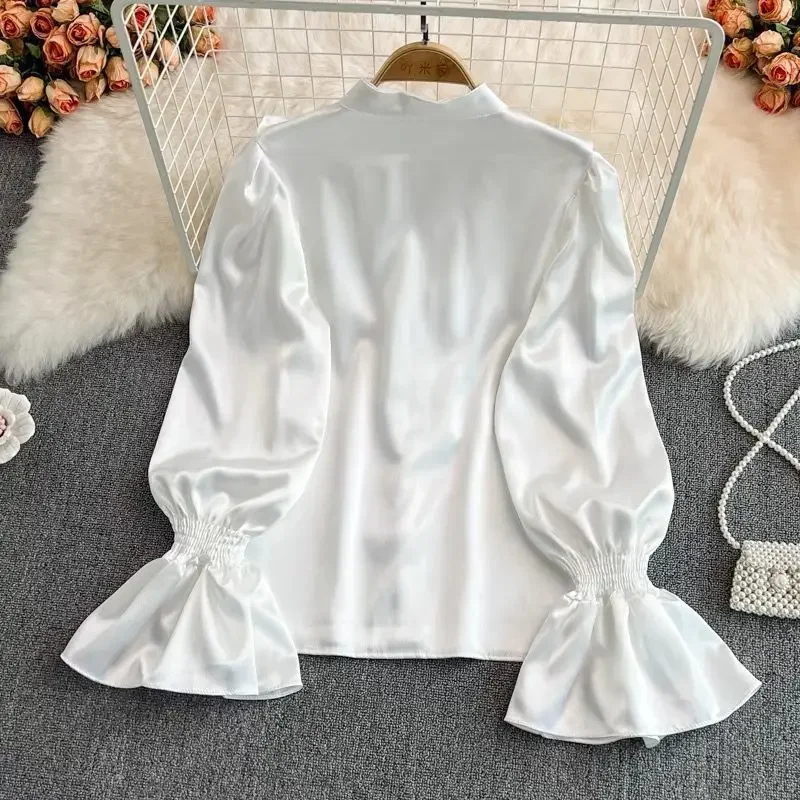 High Quality Satin Loose Shirt Long Flared Sleeves Ruffles O Neck Beading Women Gentle Office Lady Casual Blouse