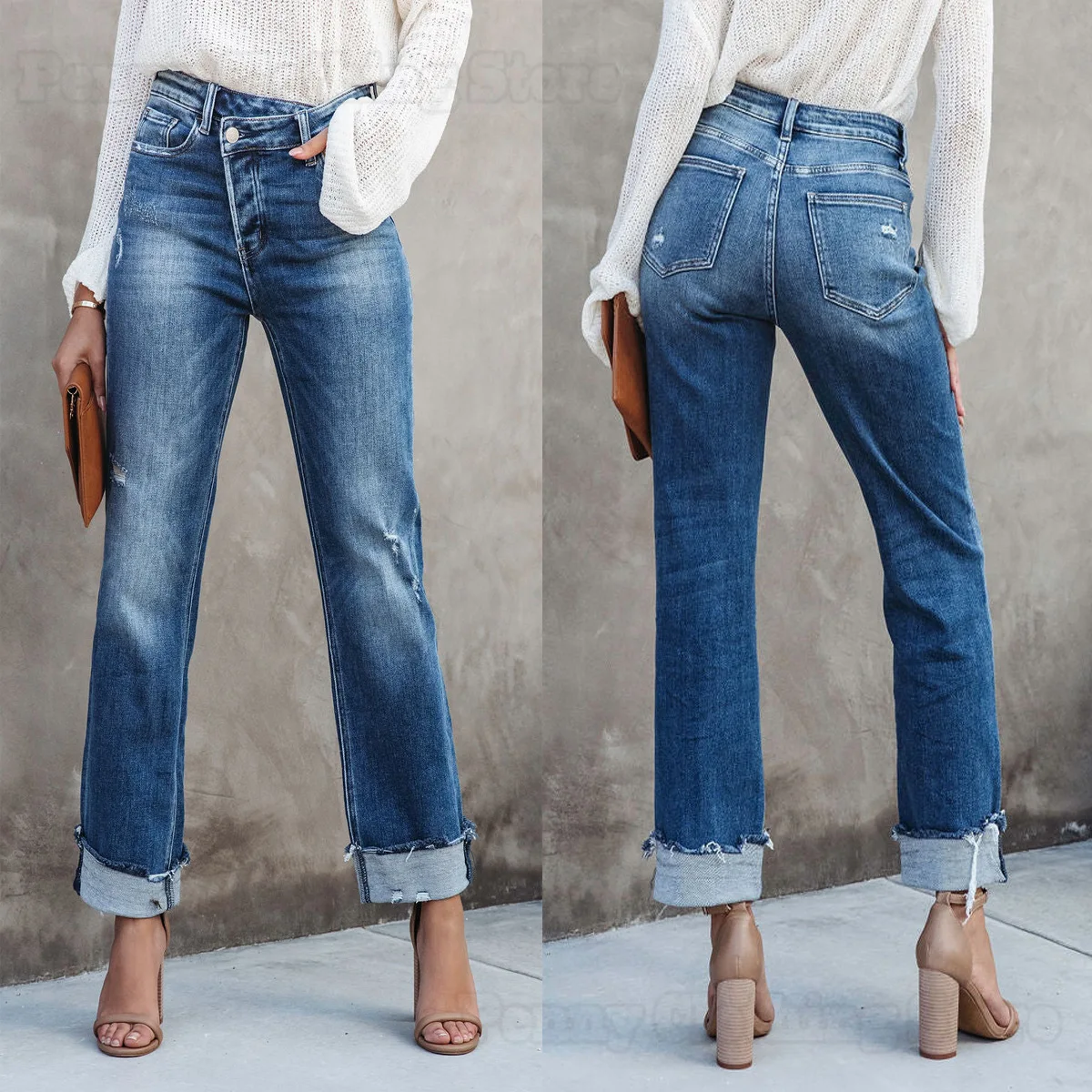 

24 New Urban Casual Washed Women's Straight Denim Pants Commuting Women's Pants