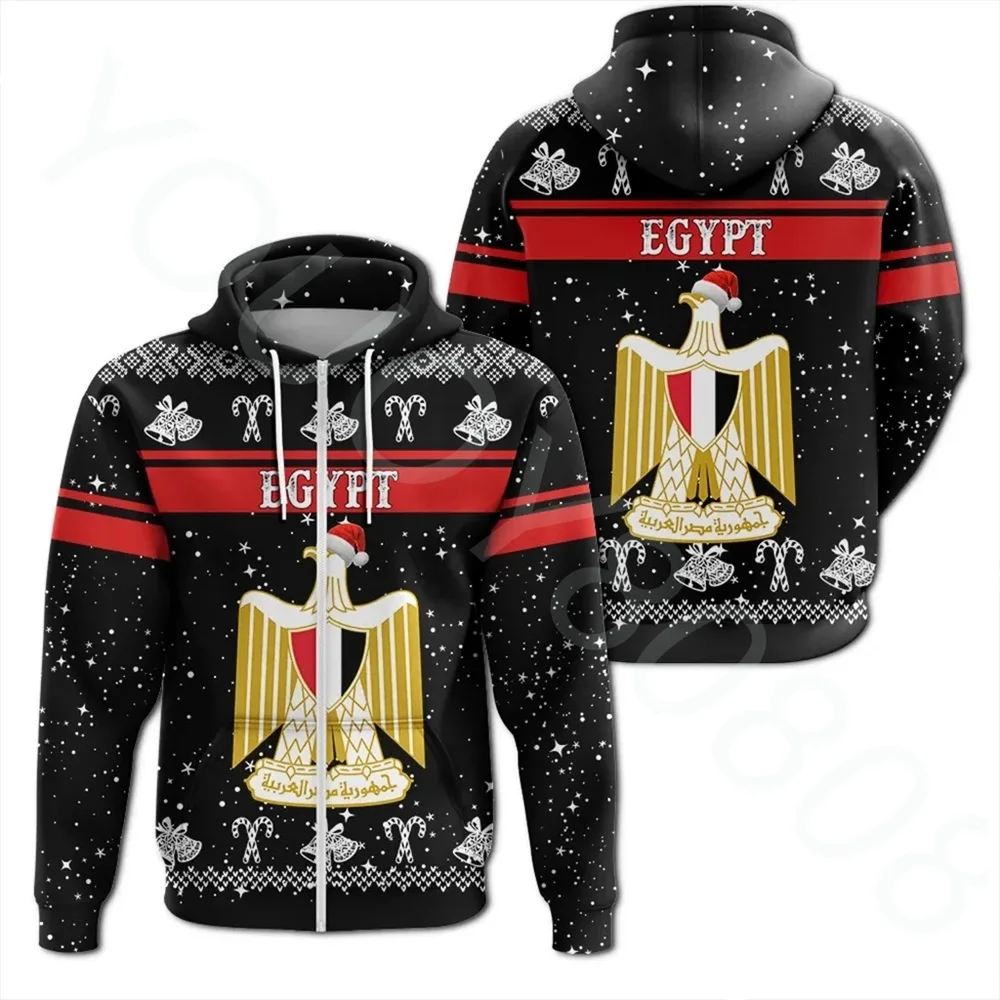 

African Region Men's Fall/Winter New Hoodie Casual Loose Sport Print Retro Flag Egypt Zip Hoodie Christmas