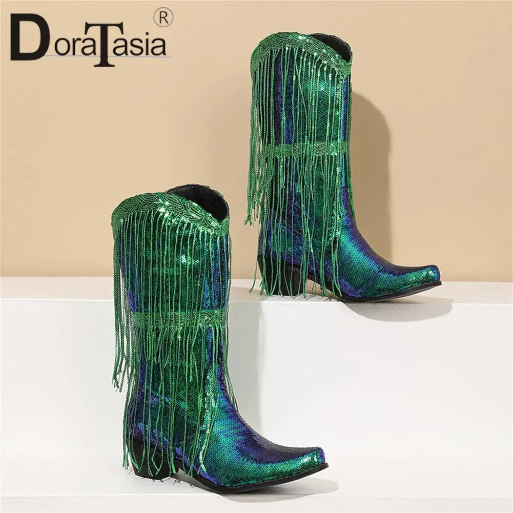 Brand New Female Sequin Cowgirl Boots Fashion Fringe Pointed Toe Chunky Heel women's Cowboy Boots Party Retro Woman Shoes