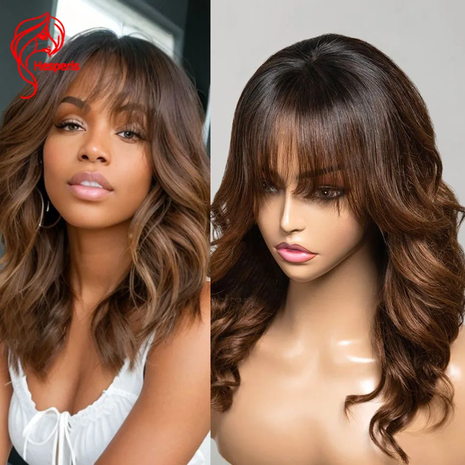 

Hesperis Ombre Human Hair Wig With Bangs Body Wave Remy Brazilian Hair Wear And Go Full Machine Made Wigs For Women Fringe Brown