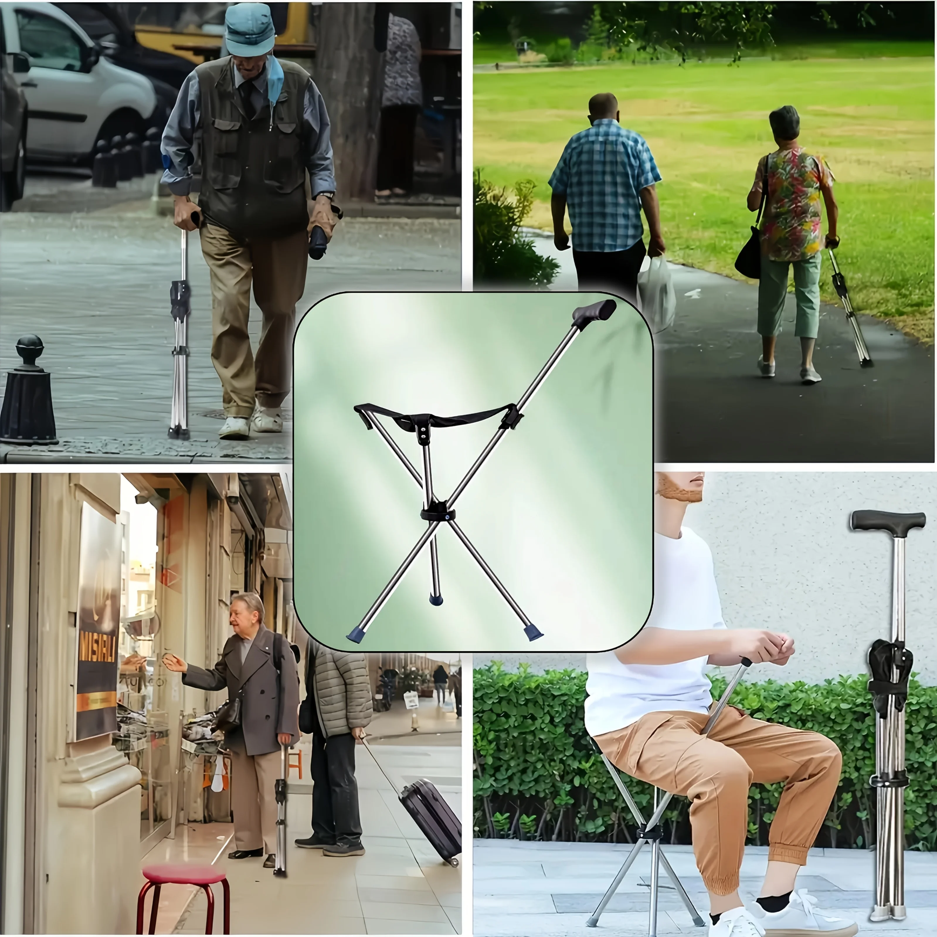 2-in-1 Folding Cane Stool, Non Slip Base and Ergonomic Grip, Lightweight, Suitable for Hiking, Camping, and Travel
