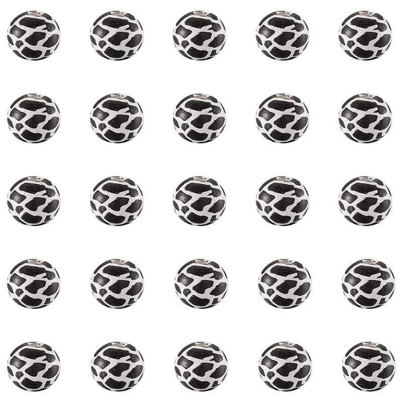 

80 Pcs Round Wooden Beads Printed With Cow Pattern 16X16mm Large Natural Wood Hole For Macrame, Craft, Jewelry Making