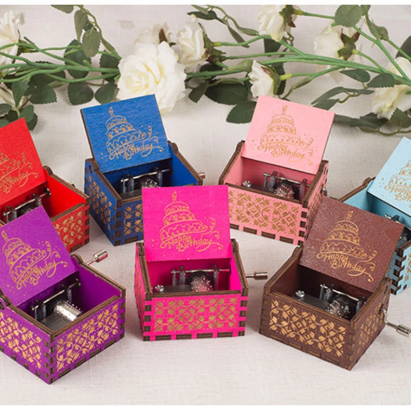 Music Box UV Painting Diy Birthday Gifts Girlfriend Happy Birthday Theme Wooden Hand Cranked