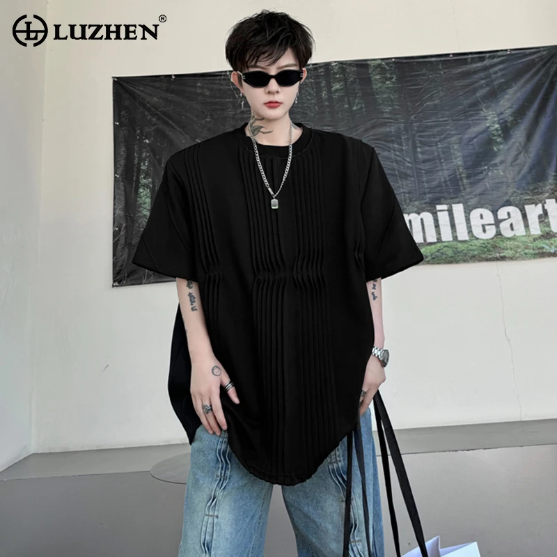 

LUZHEN Pleated Splicing Solid Color Design Short Sleeved T Shirts Summer Original Fashion New Men's Handsome Street Tops LZ3422