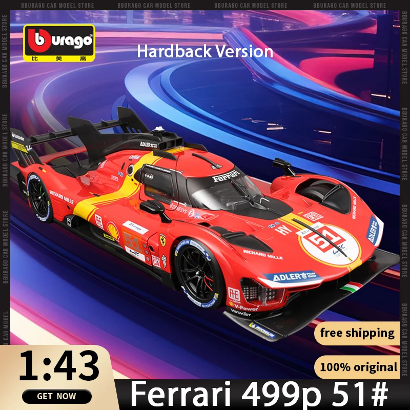 

Модель Автомобиля Ferrari 499p 51 # Bburago Hardback, версия Le Mans, ралли, чемпион 2023, ралли, модель, модель, подарок, 1:43