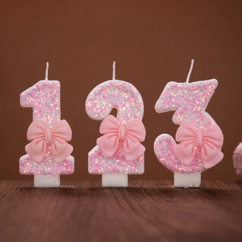 

3D Number Cake Decorating Candles Cute Pink Bow Baby Girl Birthday Cake Topper Decoration Party Supplies 0-9 Digital Candle