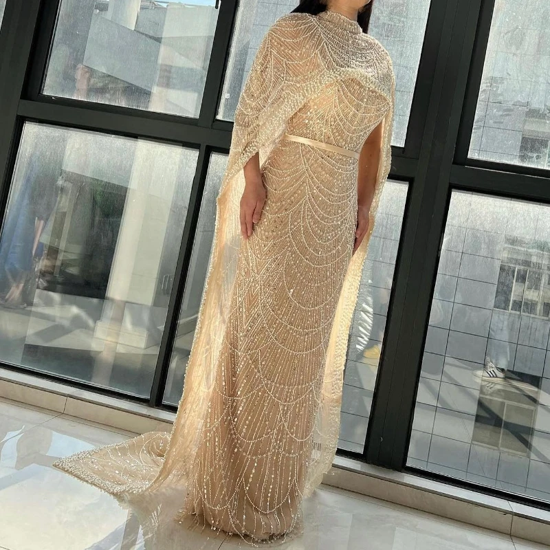 

Luxury Pearls Dubai Champagne Evening Dresses With Cape 2023 Beads Arabic Women Mermaid Wedding Party Prom Dress vestidos de 15