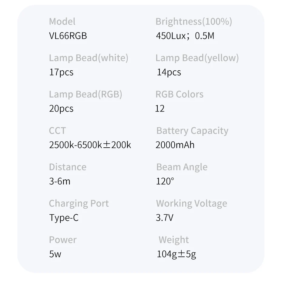 VL66 RGB Video Light 2500-6500K CCT 360° Rotatable 2000mAh Full Light with 1/4 S