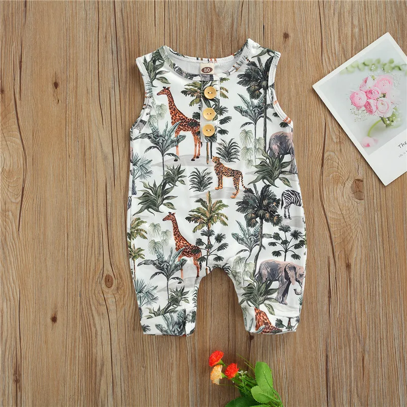 

Newborn Baby Girl Clothes Sleeveless Cartoon Animal Tree Print Romper Jumpsuit Summer Cotton Casual Outfits Costume