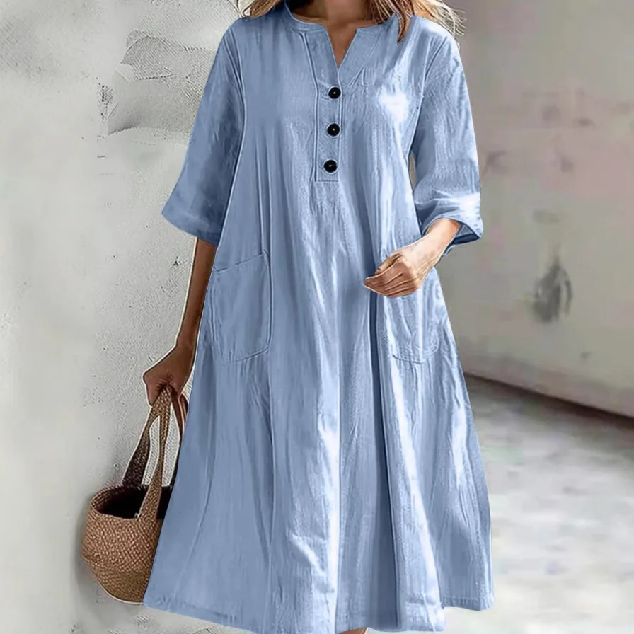 Cotton Linen Casual Beachwear Dress for Women