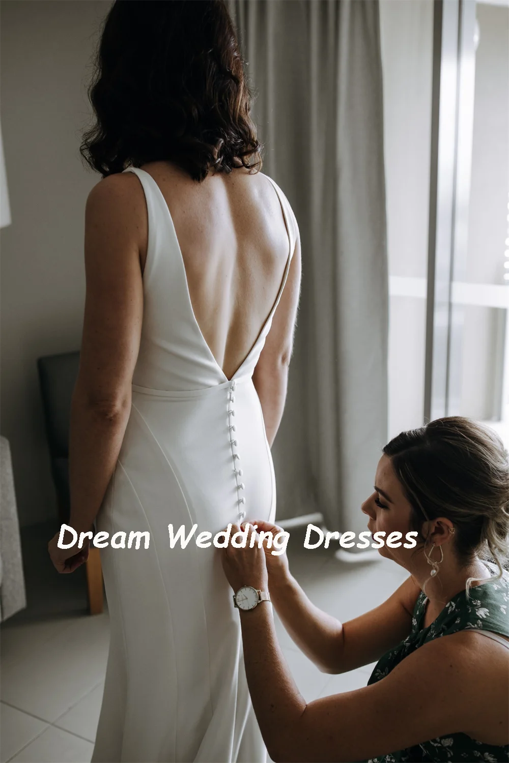 DREAM Customized V Neck Elegant Sleeveless Crepe Wedding Dresses Backless Buttons Bride Dresses Simple Mermaid Wedding Gown 2025