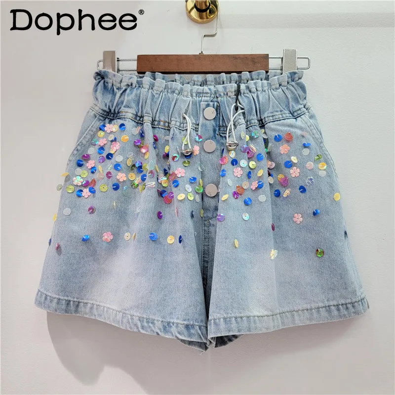 

2024 Summer New European Goods Heavy Industry Pink Sequin Beaded Fashion High Waist Slimming Wide-Leg Denim Shorts Female