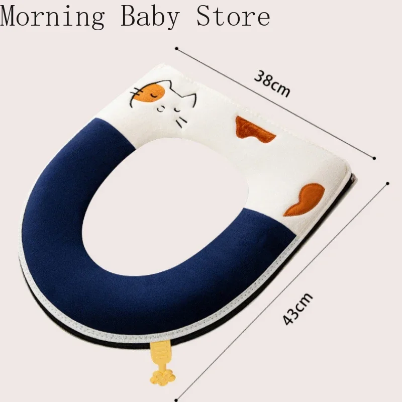 Toilet Seat Cover Mat Warmer Washable Toilet Mat Cover Pad Cushion Soft Cartoon Cat Embroidery Toilet Seat Cover with Zipper Bathroom Accessories