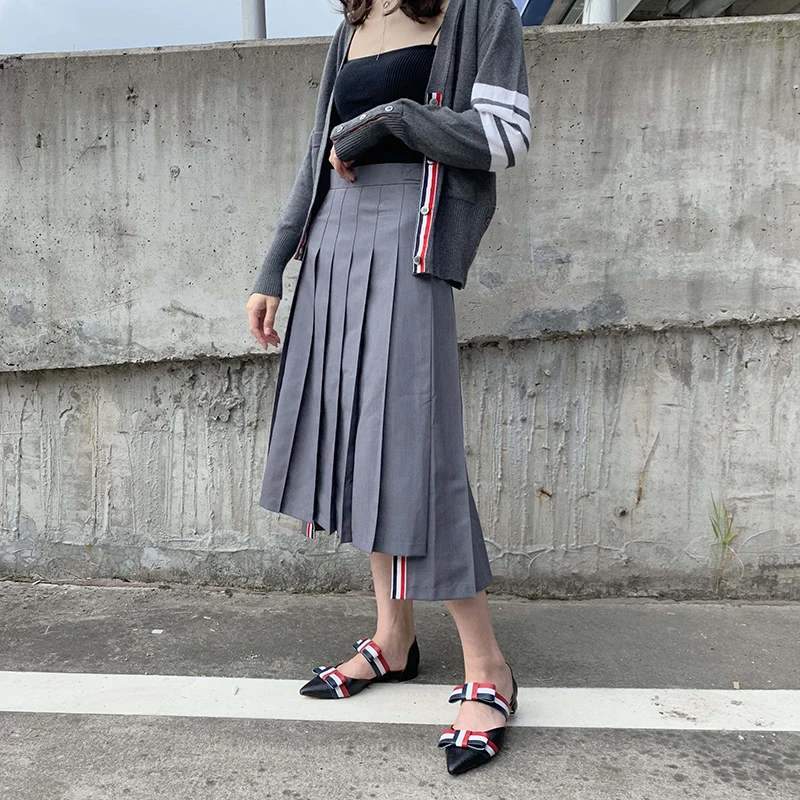 TB Striped Pleated Skirt Preppy Style A-Line Skirt Women Red White Blue Webbing Front Short Back Long Irregular High-waist Skirt