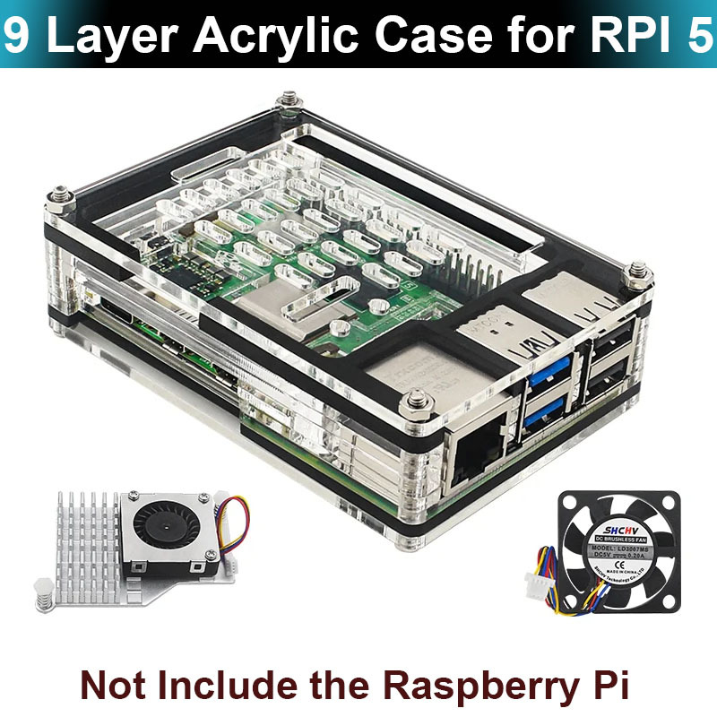 9 Layer Raspberry Pi 5 Acrylic Case Protection Shell Optional Cooling Fan Copper / Aluminum Heatsinks Boxs for Raspberry Pi 5