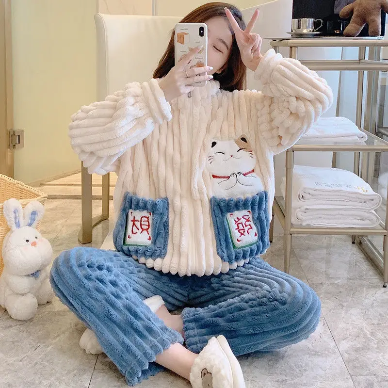 Coral Velvet Pajamas Women Winter Thickened Large Size Stand Collar Homewear Suit Female Sweet Thermal Casual Nightclothes Sets