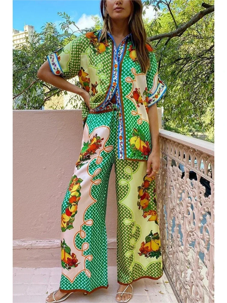 2024 New Patchwork Print Loose Two-piece Women's Casual Short-sleeved Shirt Pant Suit Summer Beach Wear