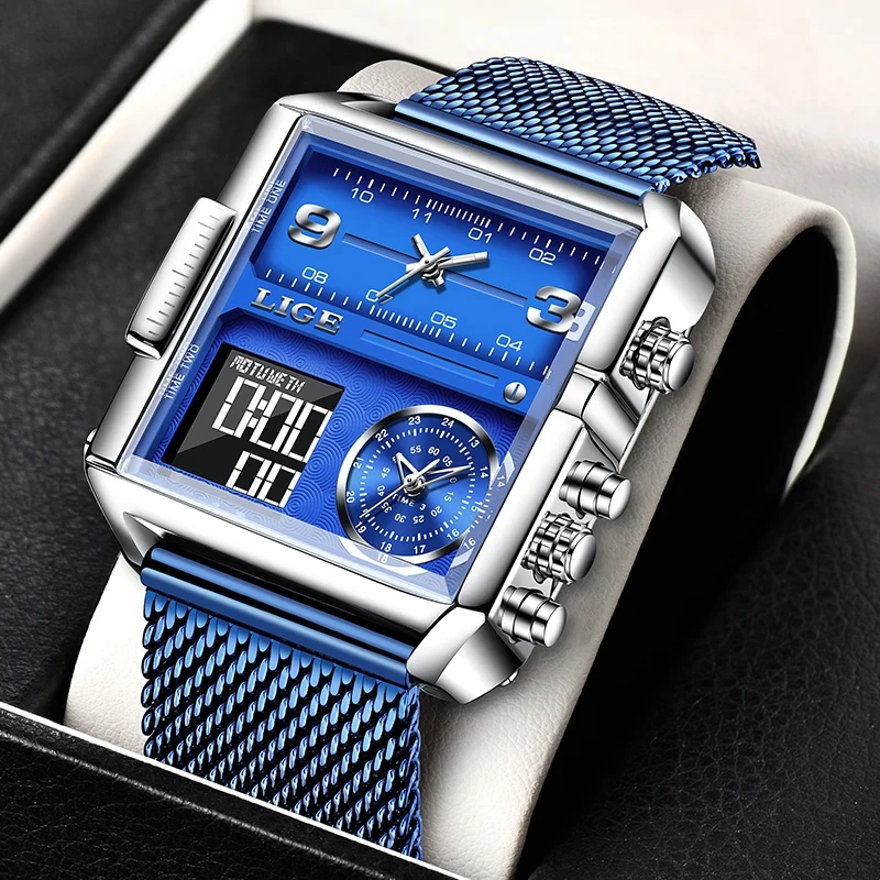 

2024 New LIGE Square LED Watch for Men Luxury Wristwatch waterproof Date Clock Stainless Steel Quartz Mens Watches Chronograph