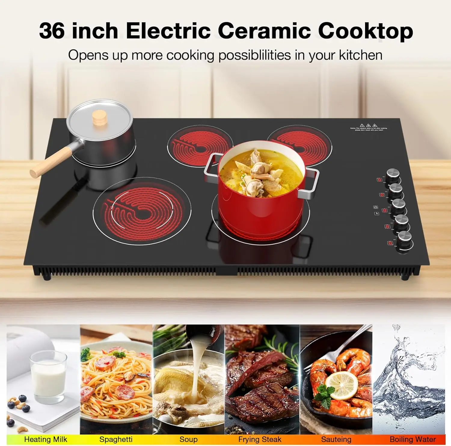 36 inch,36 inch Electric Cooktop,9200W Built-in & Countertop 36 inch Cooktop with 9 Power Levels, 3