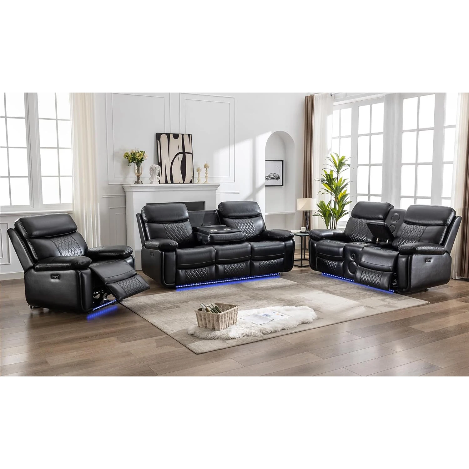 6-Seat Electric Power Recliner Sofa Set With Drop-Off Table, Wireless Charger & Type-C Port, Faux Leather Loveseat With Bass Spe