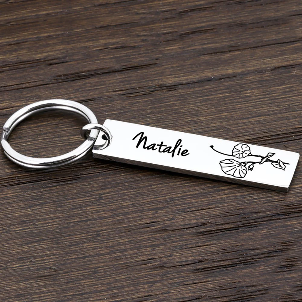 

Personality Flower Keychains Stainless Steel Engraved Name Birthday Flower Key Chain Custom Name Key Ring Gifts Bithday Gifts