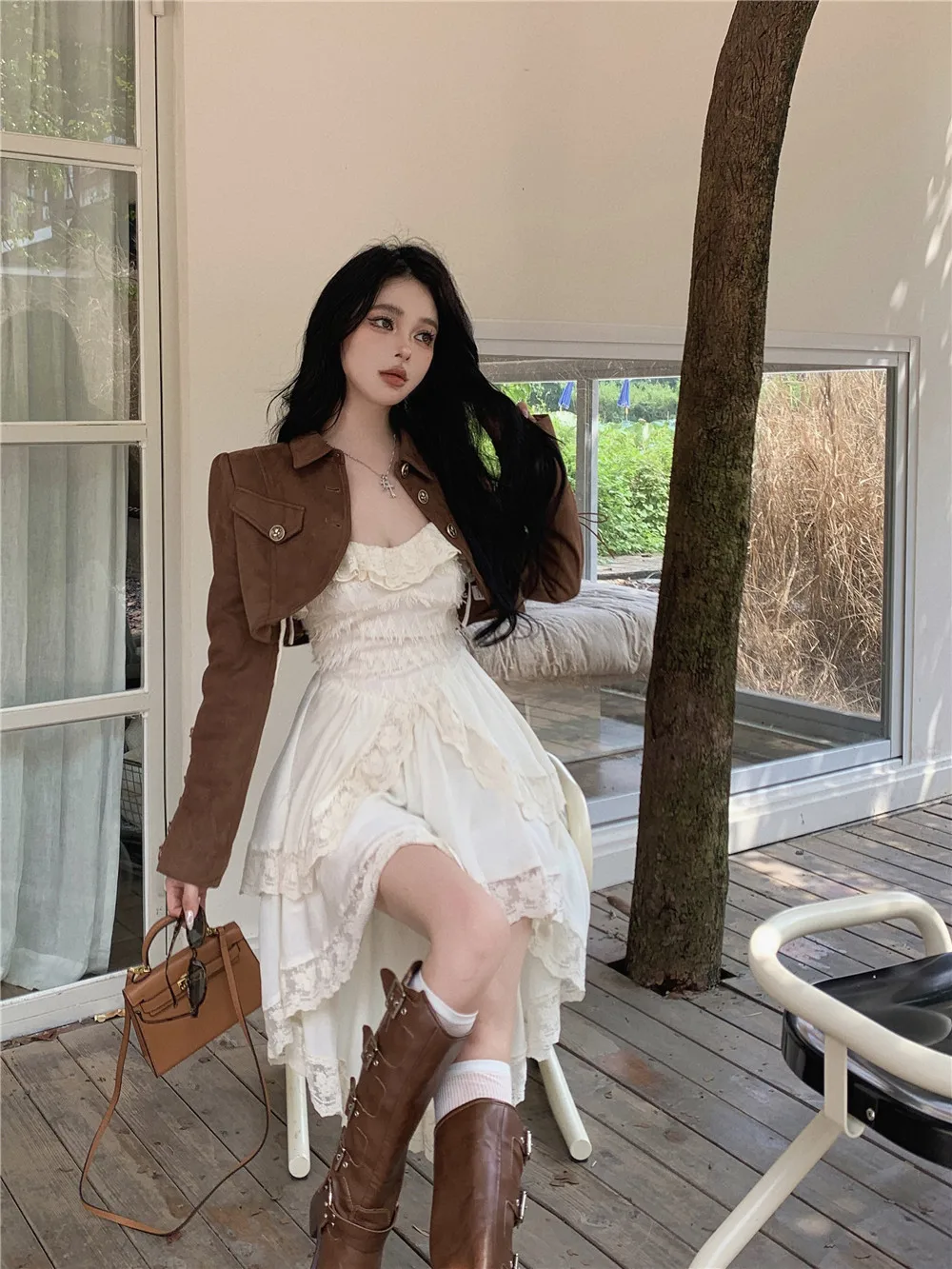 원피스세트 가을 한국 스타일 여신 원피스 & 탑 투피스 세트: 세련된 디자인으로 왕실 여동생을 위한 짧은 세트 8 순수한 욕망 레이스 업 슬링 드레스 불규칙한 스커트 복고풍 기관차 아우터웨어 긴 소매 재킷 탑 세트 여성 가을