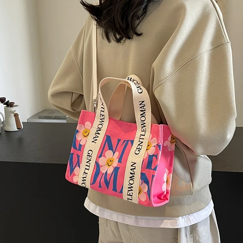 Dopamine Colorful Women's Crossbody Bags Fashionable Canvas Shoulder Bag Flower Print Tote Handbags Shopping Bag