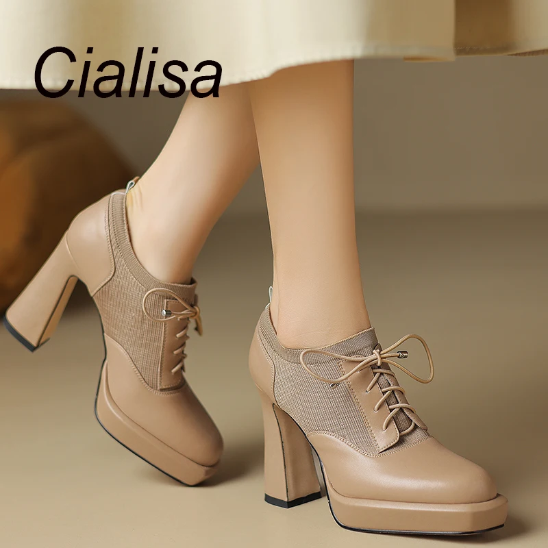 

Cialisa Fashion Patchwork Genuine Leather Pumps Round Toe Women Shoes Autumn Party Dress Office Mature High Heels Footwear New