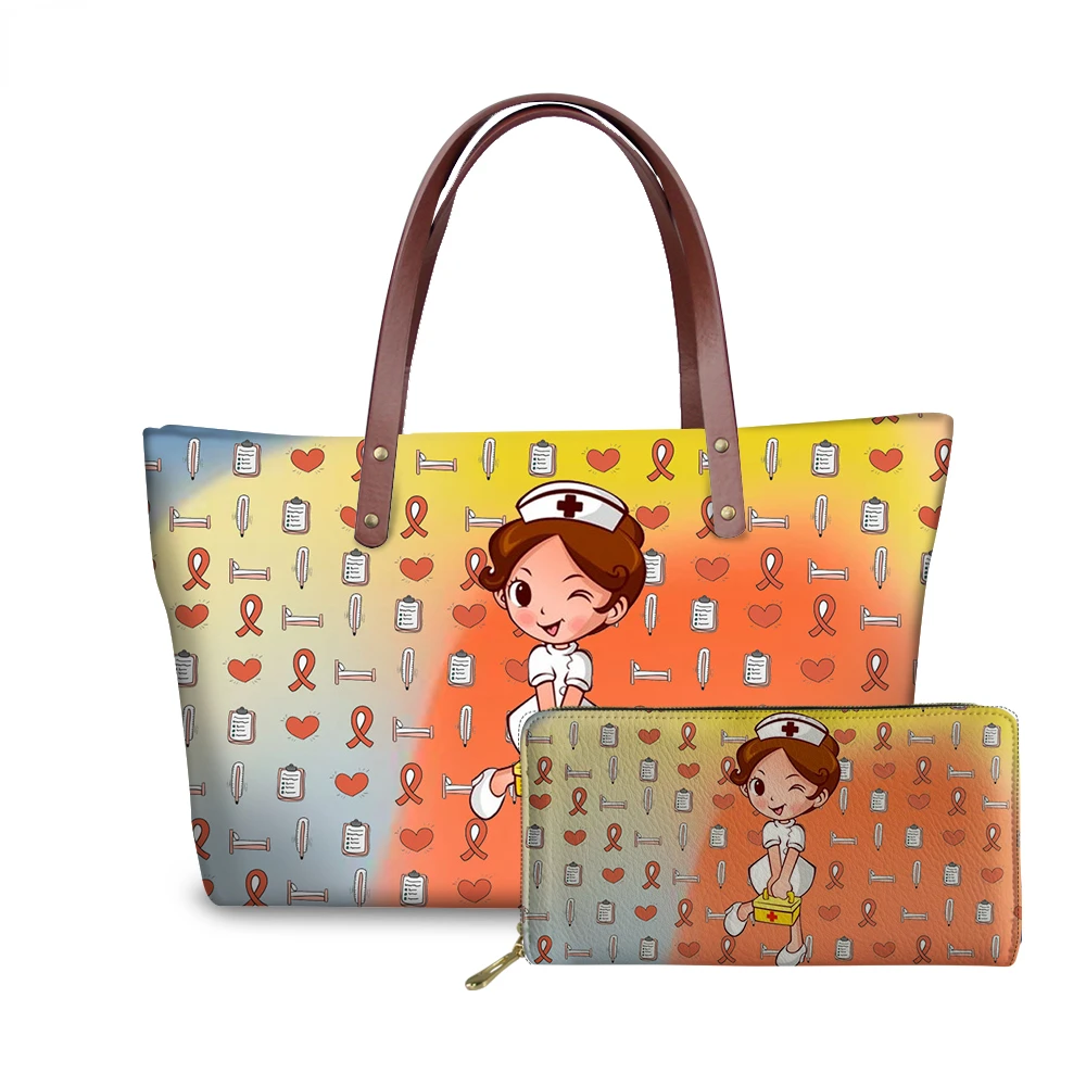 

HOMDOW 2021 New Style 2Pcs Shoulder Bag Set and Wallet Gradient Color Nurse Girls First Aid Cartoon Pattern Women Handbag