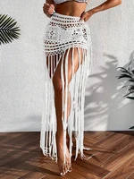 Crochet Tassel Bikini Cover Up Dress Beach Wear Women Tie Up Bather Bathing Suit Tassel Long Skirt Swimsuit Cover Up Beach Dress