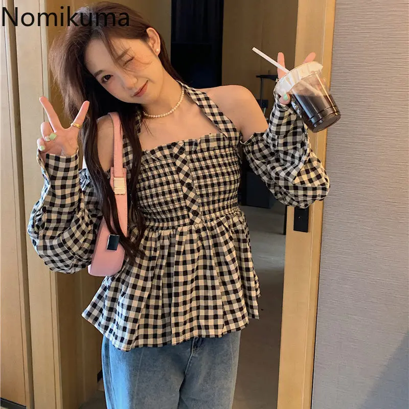

Клетчатая рубашка с длинным рукавом, женская одежда, приталенная блузка с воротником-лодочкой на талии, 2024, модные женские блузки с открытыми плечами, милая блузка, топы