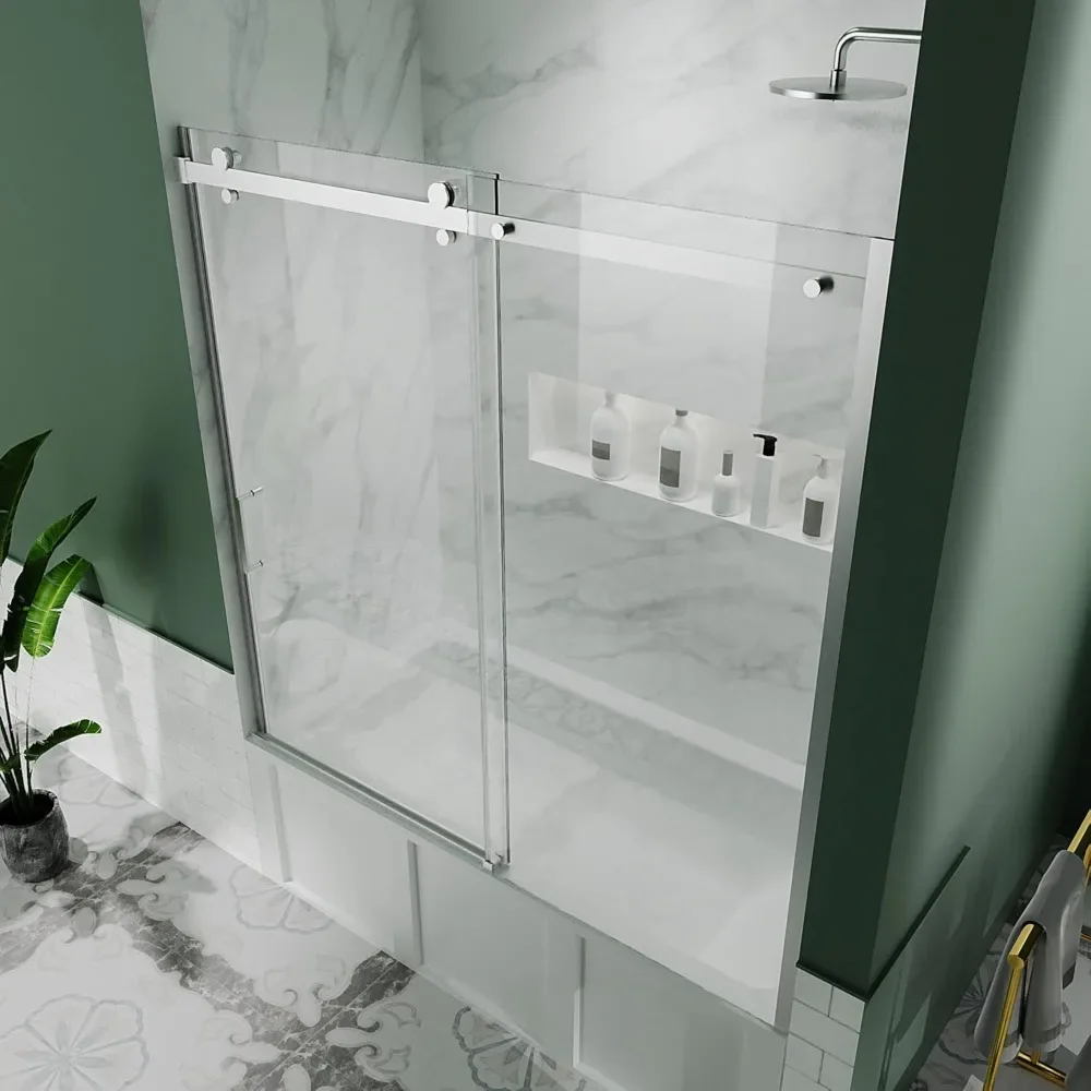 Shower Door, 56-60" W X 58" H, Frameless Sliding Showers Doors, Clear Tempered Glass Tub Doors, Tub Shower Door 3