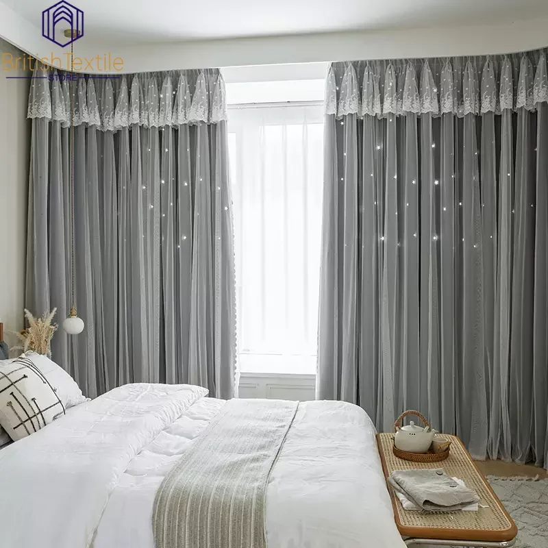 

Korean Style Curtains for Living Room Bedroom Hollow Star Curtain Double Layer Lace Cloth Tulle Integrated Balcony Customization