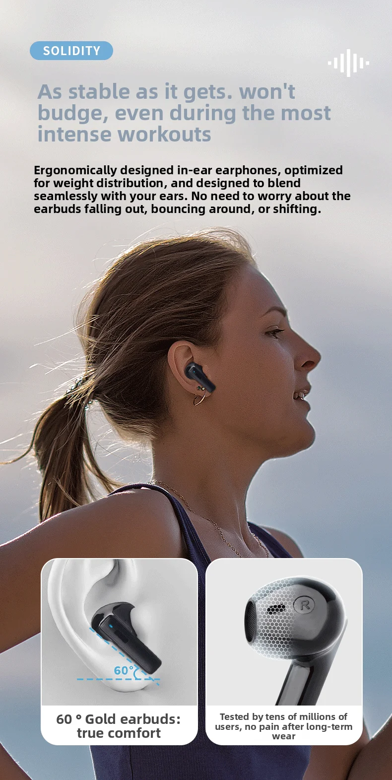 Bluetooth Earphones Wireless Noise Reduction Long-Wear Painless In-Ear Wireless