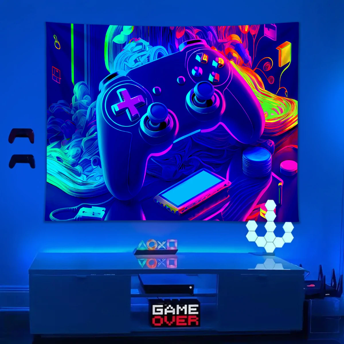 Tapestry Decorations 1pc Punk style Game fluorescent tapestry, UV reactive tapestry, boys' esports room decoration neon light effect tapestry